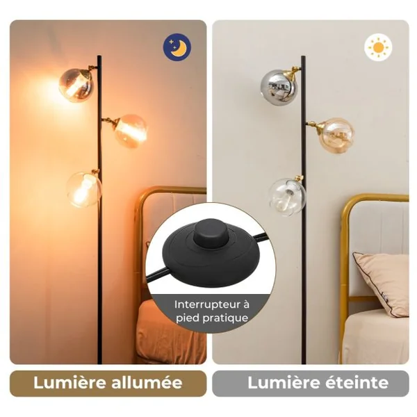 Lampadaire Moderne Lampe sur Pied avec 3 Abat-jours Globe en Verre base Lestée Interrupteur au Pied Lampe Arbre sur Pied pour Chambre Bureau Noir