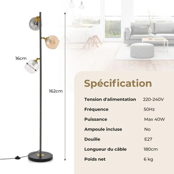 Lampadaire Moderne Lampe sur Pied avec 3 Abat-jours Globe en Verre base Lestée Interrupteur au Pied Lampe Arbre sur Pied pour Chambre Bureau Noir