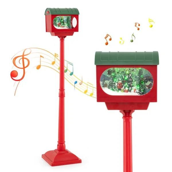 Lampadaire Musical de Noël de 150 cm Lampadaire avec Lanterne Boule de Neige avec Sapin de Noël Père Noël Soldat et Boîtes Rouge