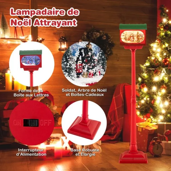Lampadaire Musical de Noël de 150 cm Lampadaire avec Lanterne Boule de Neige avec Sapin de Noël Père Noël Soldat et Boîtes Rouge