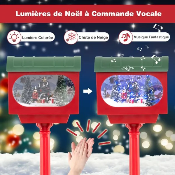 Lampadaire Musical de Noël de 150 cm Lampadaire avec Lanterne Boule de Neige avec Sapin de Noël Père Noël Soldat et Boîtes Rouge