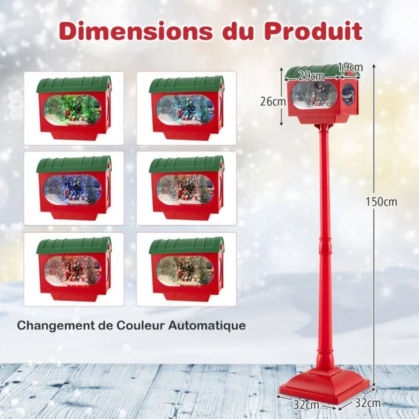 Lampadaire Musical de Noël de 150 cm Lampadaire avec Lanterne Boule de Neige avec Sapin de Noël Père Noël Soldat et Boîtes Rouge