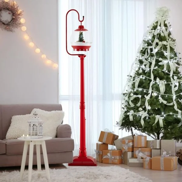 Lampadaire Musical de Noël de 173 cm avec Lanterne à Boule de Neige Activée Par Le Son Arbre Rotatif Père Noël Cerf Bonhomme de Neige Rouge