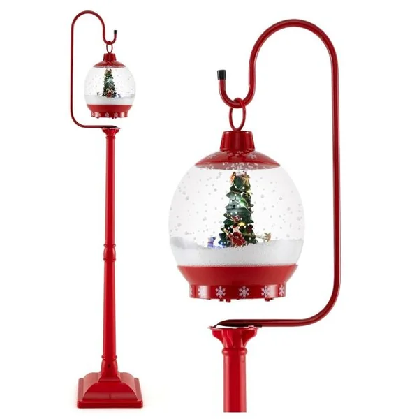 Lampadaire Musical de Noël de 173 cm avec Lanterne à Boule de Neige Activée Par Le Son Arbre Rotatif Père Noël Cerf Bonhomme de Neige Rouge