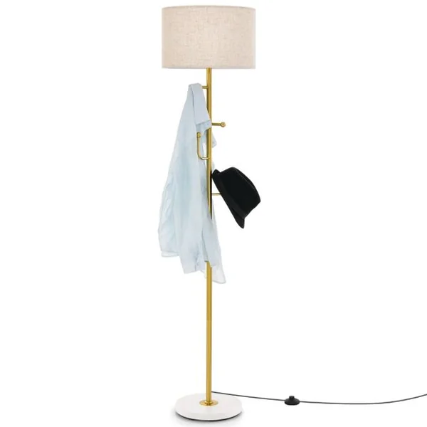 Lampadaire Porte-manteau avec 5 Crochets Base Lestée Robuste Doré