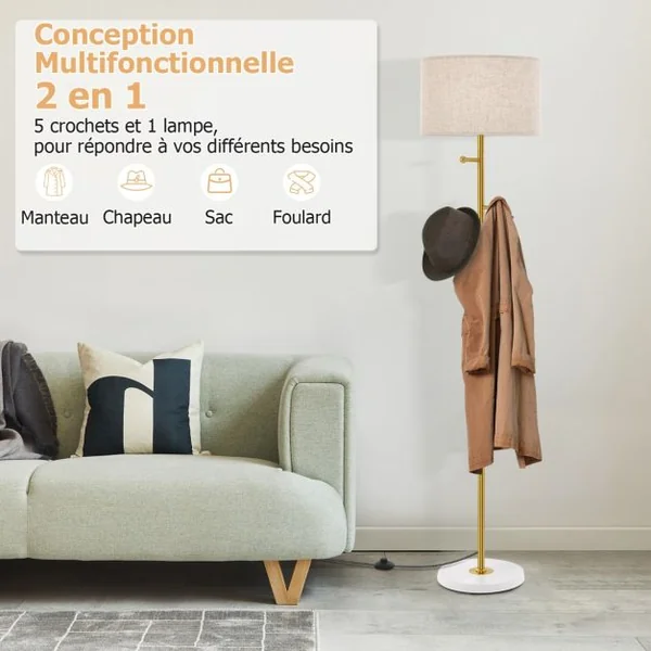 Lampadaire Porte-manteau avec 5 Crochets Base Lestée Robuste Doré