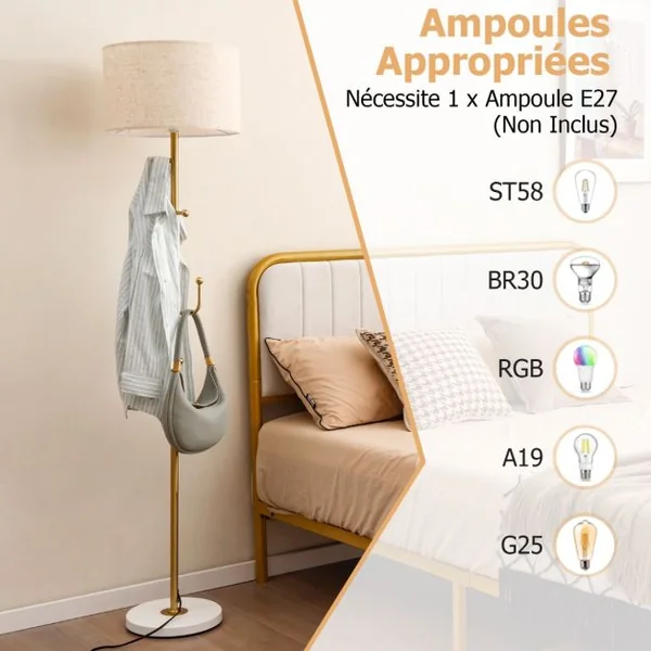 Lampadaire Porte-manteau avec 5 Crochets Base Lestée Robuste Doré