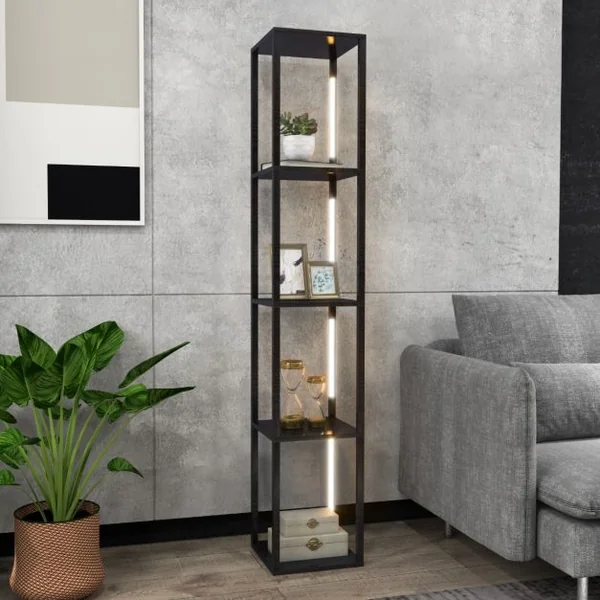 Lampadaire Salon 163cm avec 4 Étagères Ampoules LED à 3 Intensités Variable Poteaux LED Rotatifs 360° Interrupteur au Pied Noir