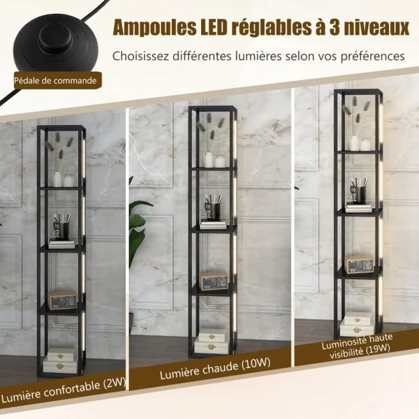 Lampadaire Salon 163cm avec 4 Étagères Ampoules LED à 3 Intensités Variable Poteaux LED Rotatifs 360° Interrupteur au Pied Noir