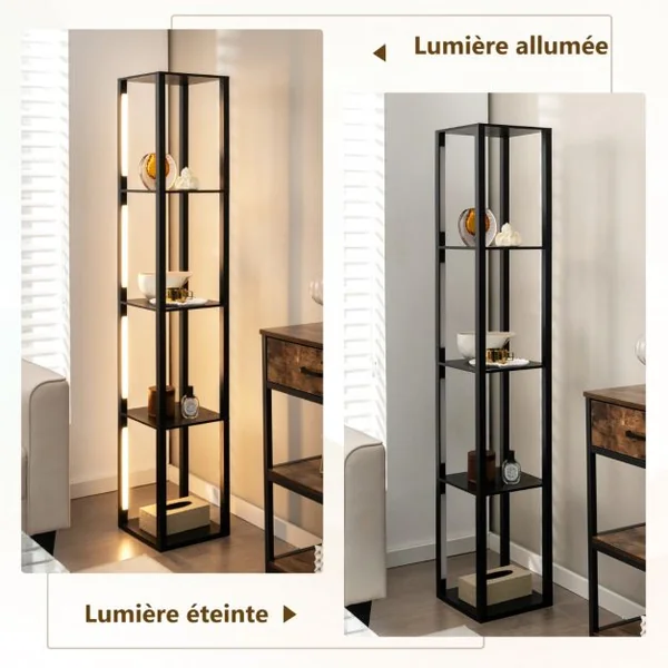 Lampadaire Salon 163cm avec 4 Étagères Ampoules LED à 3 Intensités Variable Poteaux LED Rotatifs 360° Interrupteur au Pied Noir