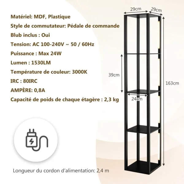 Lampadaire Salon 163cm avec 4 Étagères Ampoules LED à 3 Intensités Variable Poteaux LED Rotatifs 360° Interrupteur au Pied Noir
