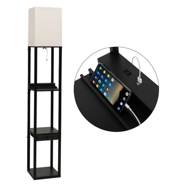 Lampadaire Salon sur Pied avec Ampoule LED 5000K Luminosité à 3 Niveaux 1 Tiroir et 1 Port USB 3 Etagères 25 x 25 x 159,5 cm