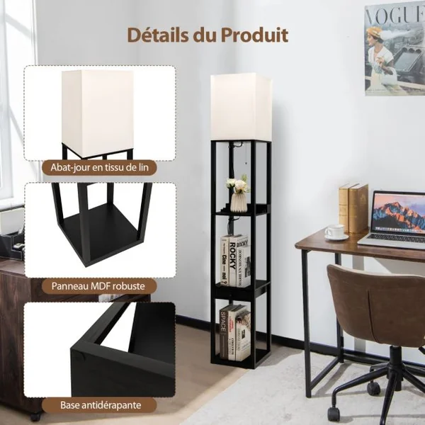 Lampadaire Salon sur Pied avec Ampoule LED 5000K Luminosité à 3 Niveaux 1 Tiroir et 1 Port USB 3 Etagères 25 x 25 x 159,5 cm