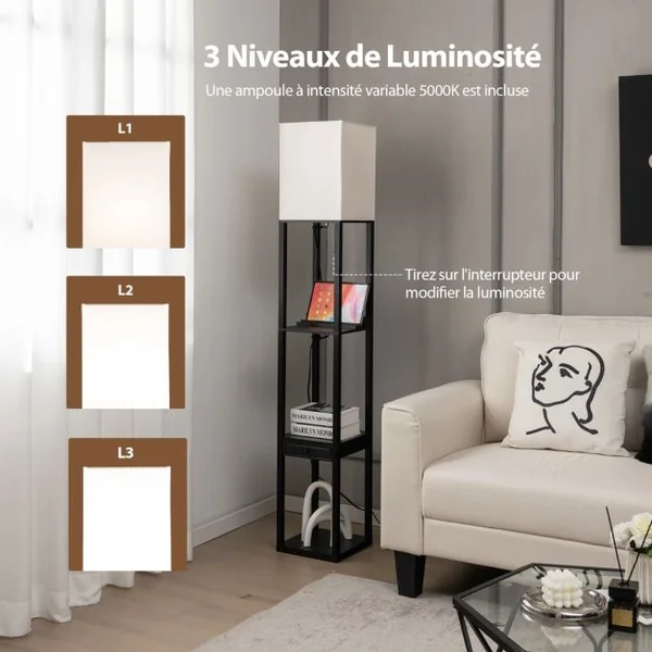 Lampadaire Salon sur Pied avec Ampoule LED 5000K Luminosité à 3 Niveaux 1 Tiroir et 1 Port USB 3 Etagères 25 x 25 x 159,5 cm