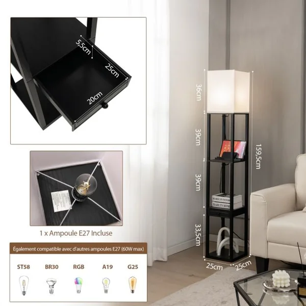 Lampadaire Salon sur Pied avec Ampoule LED 5000K Luminosité à 3 Niveaux 1 Tiroir et 1 Port USB 3 Etagères 25 x 25 x 159,5 cm