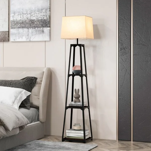 Lampadaire Salon Trépied avec 3 Etagères de Rangement E27 40 W Abat-jour en Lin 33 x 33 x 159 cm Moderne pour Chambre Bureau