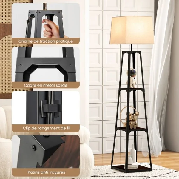 Lampadaire Salon Trépied avec 3 Etagères de Rangement E27 40 W Abat-jour en Lin 33 x 33 x 159 cm Moderne pour Chambre Bureau