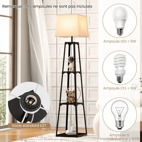 Lampadaire Salon Trépied avec 3 Etagères de Rangement E27 40 W Abat-jour en Lin 33 x 33 x 159 cm Moderne pour Chambre Bureau