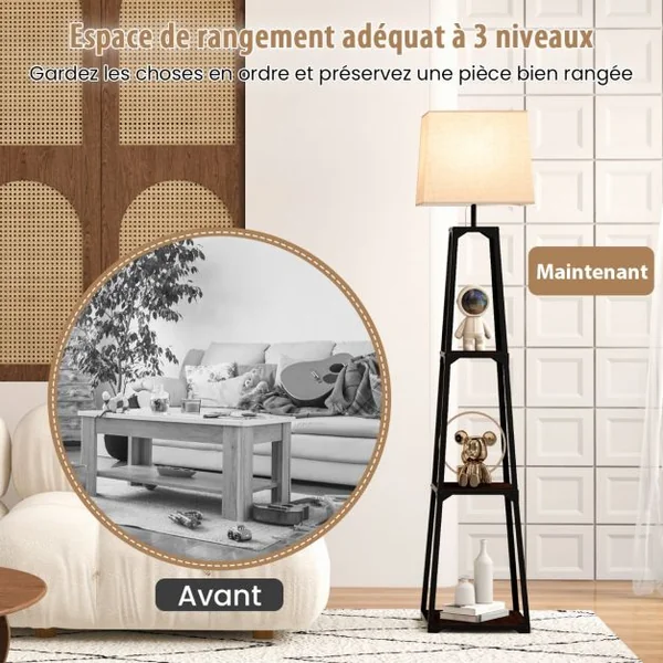 Lampadaire Salon Trépied avec 3 Etagères de Rangement E27 40 W Abat-jour en Lin 33 x 33 x 159 cm Moderne pour Chambre Bureau