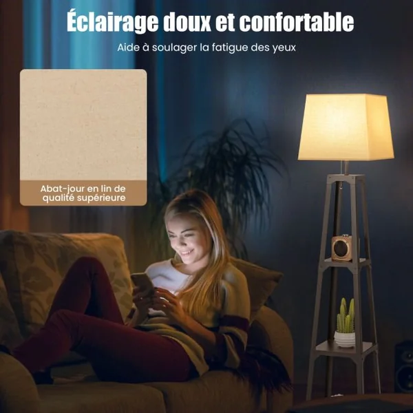 Lampadaire Salon Trépied avec 3 Etagères de Rangement E27 40 W Abat-jour en Lin 33 x 33 x 159 cm Moderne pour Chambre Bureau