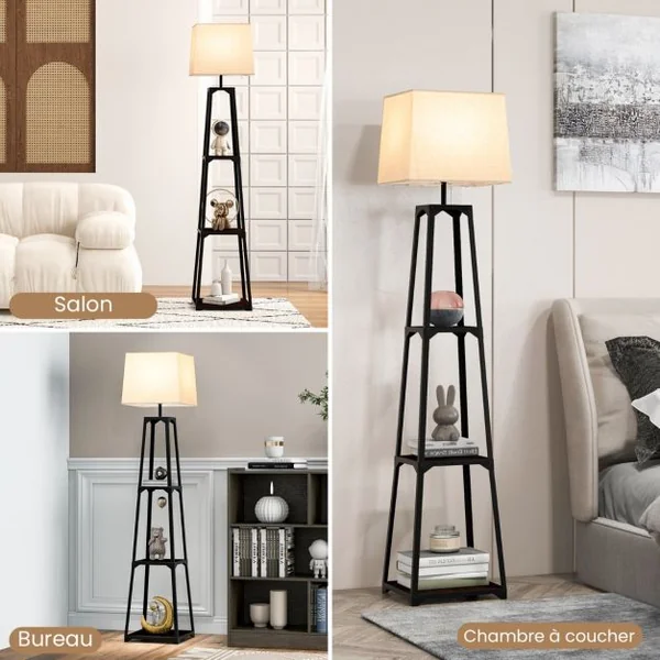 Lampadaire Salon Trépied avec 3 Etagères de Rangement E27 40 W Abat-jour en Lin 33 x 33 x 159 cm Moderne pour Chambre Bureau