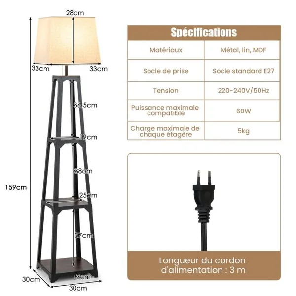 Lampadaire Salon Trépied avec 3 Etagères de Rangement E27 40 W Abat-jour en Lin 33 x 33 x 159 cm Moderne pour Chambre Bureau