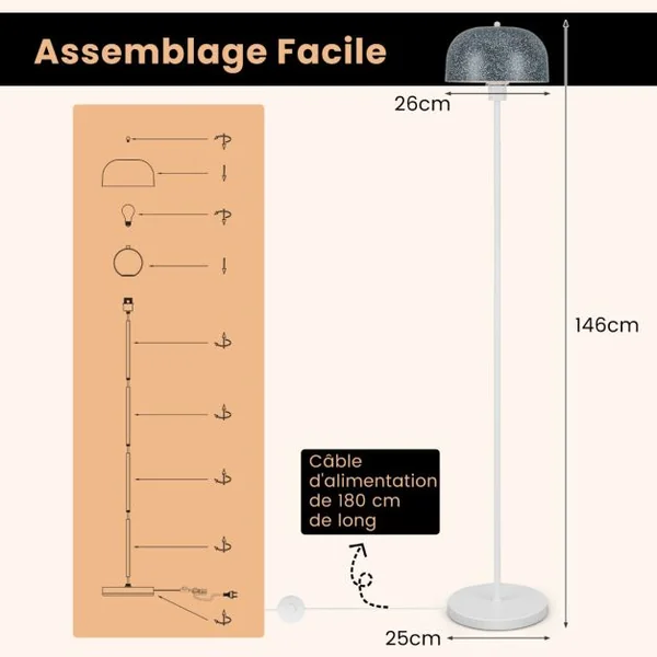 Lampadaire sur Pied de 146 cm Lampe avec Abat-Jour et Interrupteur au Pied Lampe avec Base Lestée Culot E27 pour Salon Chambre Bureau