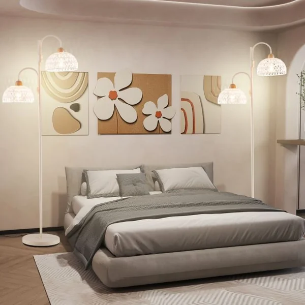 Lampadaire à 2 Lampes Lampe Arbre Rotative à 350° avec Interrupteur au Pied Abat-jours Tissés Et 2 Bases d'Ampoules E27 Base Lourde Blanc