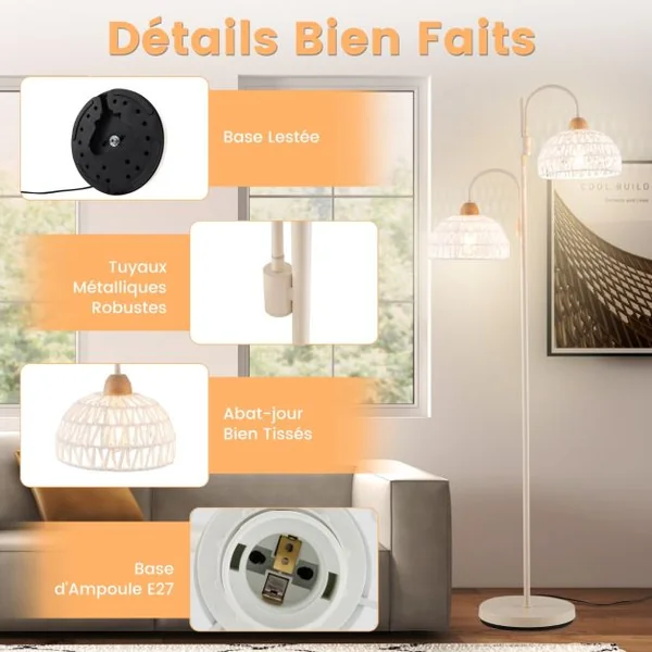 Lampadaire à 2 Lampes Lampe Arbre Rotative à 350° avec Interrupteur au Pied Abat-jours Tissés Et 2 Bases d'Ampoules E27 Base Lourde Blanc