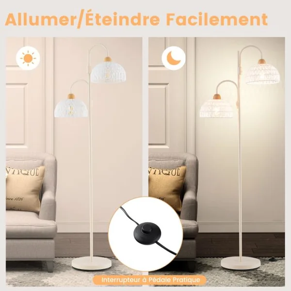 Lampadaire à 2 Lampes Lampe Arbre Rotative à 350° avec Interrupteur au Pied Abat-jours Tissés Et 2 Bases d'Ampoules E27 Base Lourde Blanc