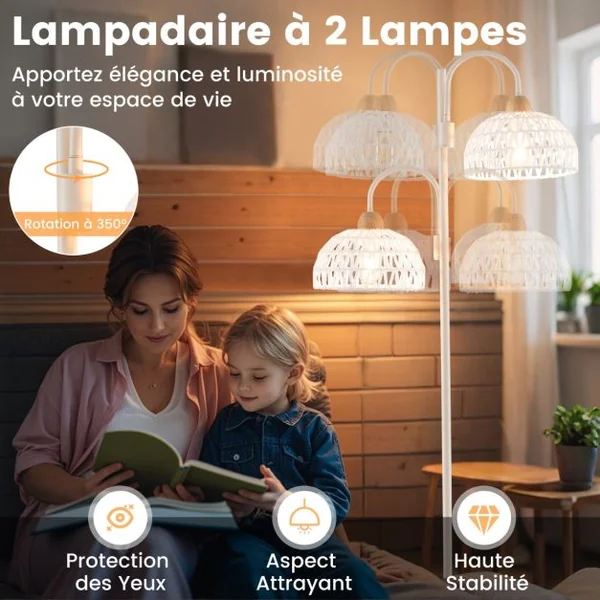 Lampadaire à 2 Lampes Lampe Arbre Rotative à 350° avec Interrupteur au Pied Abat-jours Tissés Et 2 Bases d'Ampoules E27 Base Lourde Blanc