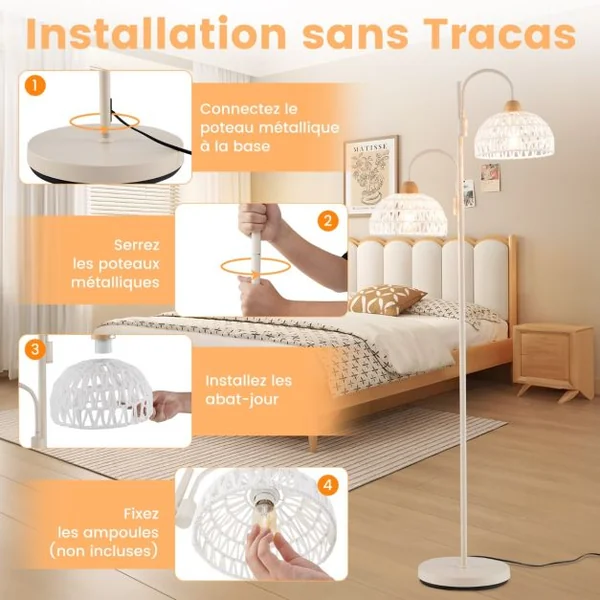 Lampadaire à 2 Lampes Lampe Arbre Rotative à 350° avec Interrupteur au Pied Abat-jours Tissés Et 2 Bases d'Ampoules E27 Base Lourde Blanc