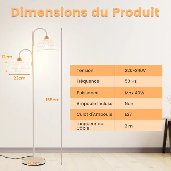 Lampadaire à 2 Lampes Lampe Arbre Rotative à 350° avec Interrupteur au Pied Abat-jours Tissés Et 2 Bases d'Ampoules E27 Base Lourde Blanc