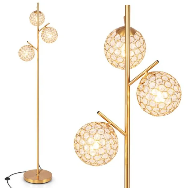 Lampadaire à 3 Globes Lampe Arbre avec Interrupteur Au Pied 3 Culots d'Ampoules E27 Poteau en Métal Robuste Base Lestée Doré