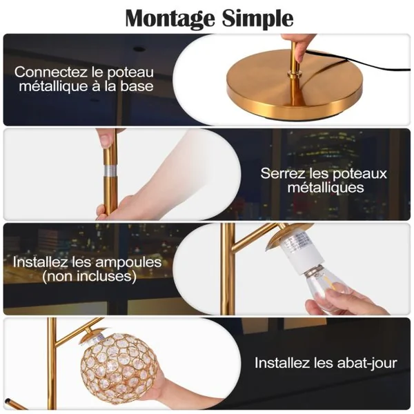 Lampadaire à 3 Globes Lampe Arbre avec Interrupteur Au Pied 3 Culots d'Ampoules E27 Poteau en Métal Robuste Base Lestée Doré