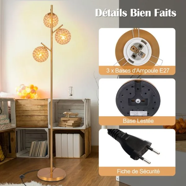 Lampadaire à 3 Globes Lampe Arbre avec Interrupteur Au Pied 3 Culots d'Ampoules E27 Poteau en Métal Robuste Base Lestée Doré