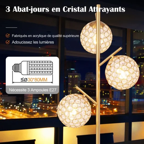 Lampadaire à 3 Globes Lampe Arbre avec Interrupteur Au Pied 3 Culots d'Ampoules E27 Poteau en Métal Robuste Base Lestée Doré
