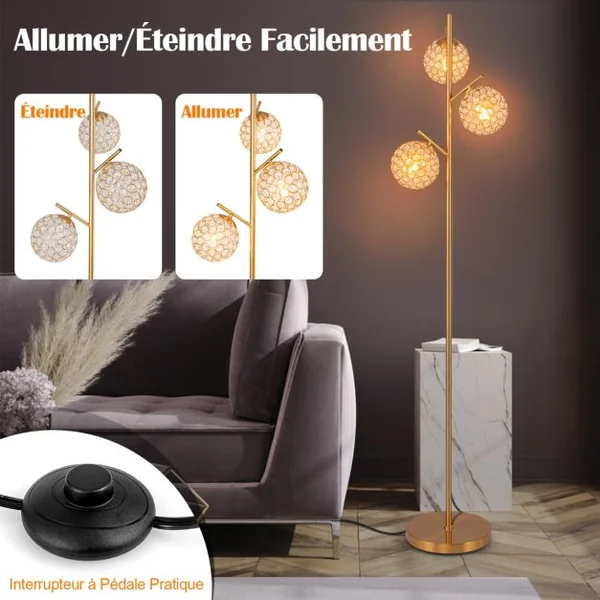 Lampadaire à 3 Globes Lampe Arbre avec Interrupteur Au Pied 3 Culots d'Ampoules E27 Poteau en Métal Robuste Base Lestée Doré