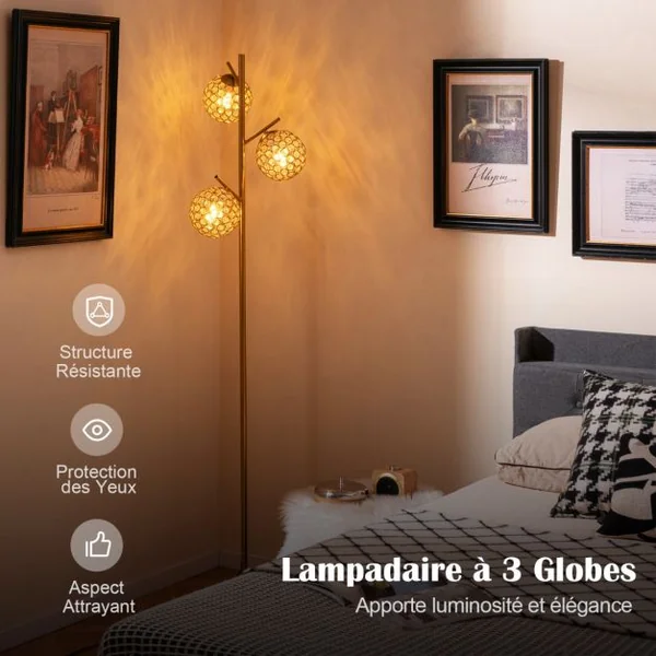 Lampadaire à 3 Globes Lampe Arbre avec Interrupteur Au Pied 3 Culots d'Ampoules E27 Poteau en Métal Robuste Base Lestée Doré
