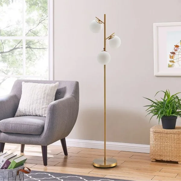 Lampadaire à 3 Globes Lampe sur Pied Moderne avec Interrupteur à Pied Pratique 3 Culots d'Ampoule E27 Poteau en Métal Robuste