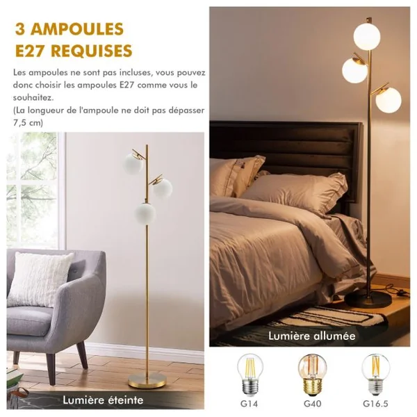 Lampadaire à 3 Globes Lampe sur Pied Moderne avec Interrupteur à Pied Pratique 3 Culots d'Ampoule E27 Poteau en Métal Robuste