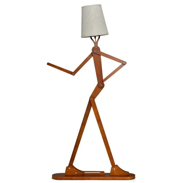 Lampe de Sol en Bois de Caoutchouc Humanoïde Créatif Lampadaire de Salon Articulations Réglables Abat-jour en Tissu