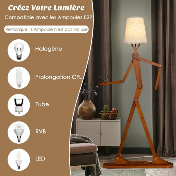 Lampe de Sol en Bois de Caoutchouc Humanoïde Créatif Lampadaire de Salon Articulations Réglables Abat-jour en Tissu