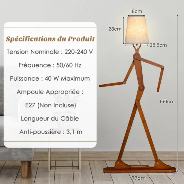 Lampe de Sol en Bois de Caoutchouc Humanoïde Créatif Lampadaire de Salon Articulations Réglables Abat-jour en Tissu