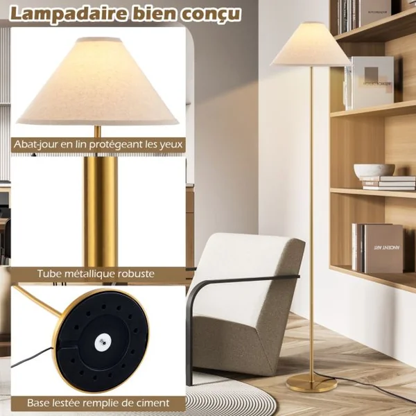 Lampe de Sol Lampadaire à Perche Dorée Lampe Sur Pied Élégante avec Abat-jour en Lin Interrupteur Au Pied et Câble Électrique de 200 Cm Or