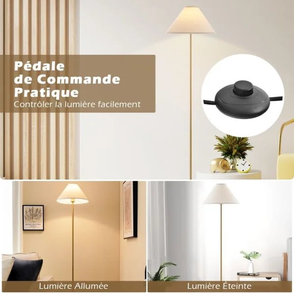 Lampe de Sol Lampadaire à Perche Dorée Lampe Sur Pied Élégante avec Abat-jour en Lin Interrupteur Au Pied et Câble Électrique de 200 Cm Or