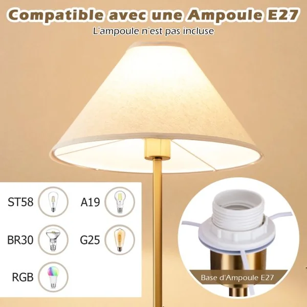 Lampe de Sol Lampadaire à Perche Dorée Lampe Sur Pied Élégante avec Abat-jour en Lin Interrupteur Au Pied et Câble Électrique de 200 Cm Or