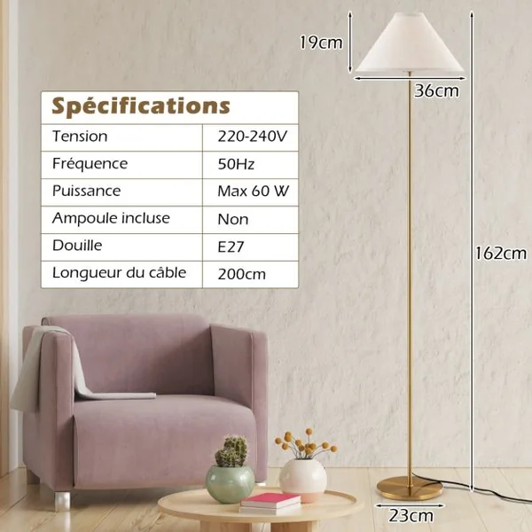 Lampe de Sol Lampadaire à Perche Dorée Lampe Sur Pied Élégante avec Abat-jour en Lin Interrupteur Au Pied et Câble Électrique de 200 Cm Or