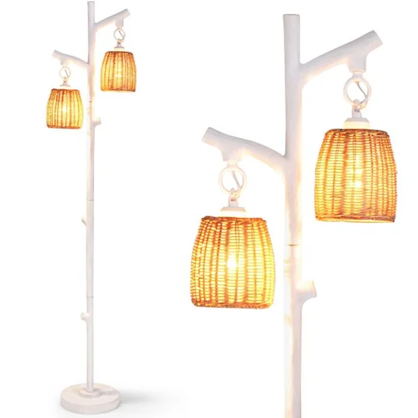 Lampe de Sol à Variation d'Intensité 2 Lampes Tronc d'Arbre avec Abat-jour en Osier Structure Stable Tube à Grain de Bois Grande Lampe de Sol de Style Ferme Blanc