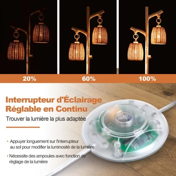 Lampe de Sol à Variation d'Intensité 2 Lampes Tronc d'Arbre avec Abat-jour en Osier Structure Stable Tube à Grain de Bois Grande Lampe de Sol de Style Ferme Blanc